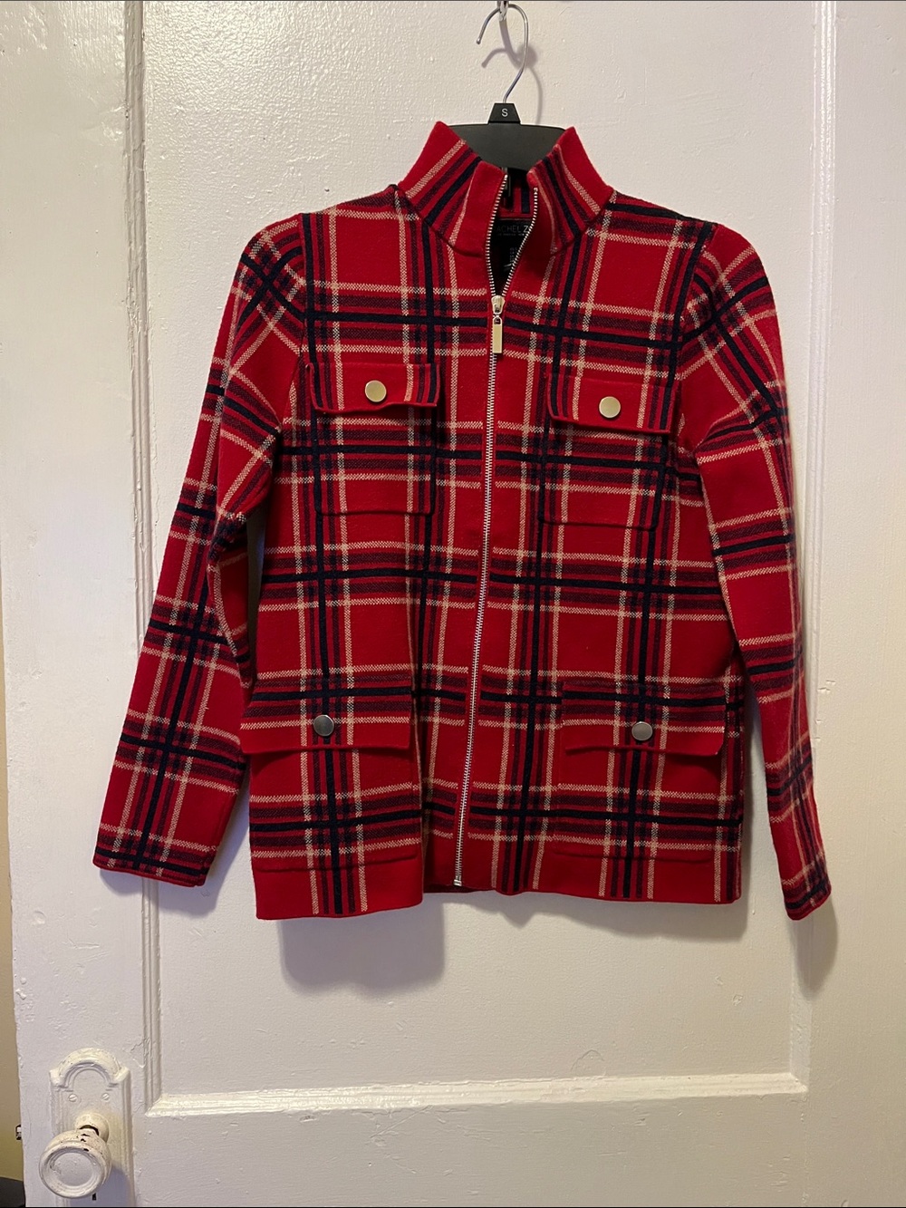 Coach Woman Red Plaid Zip Pea Coat